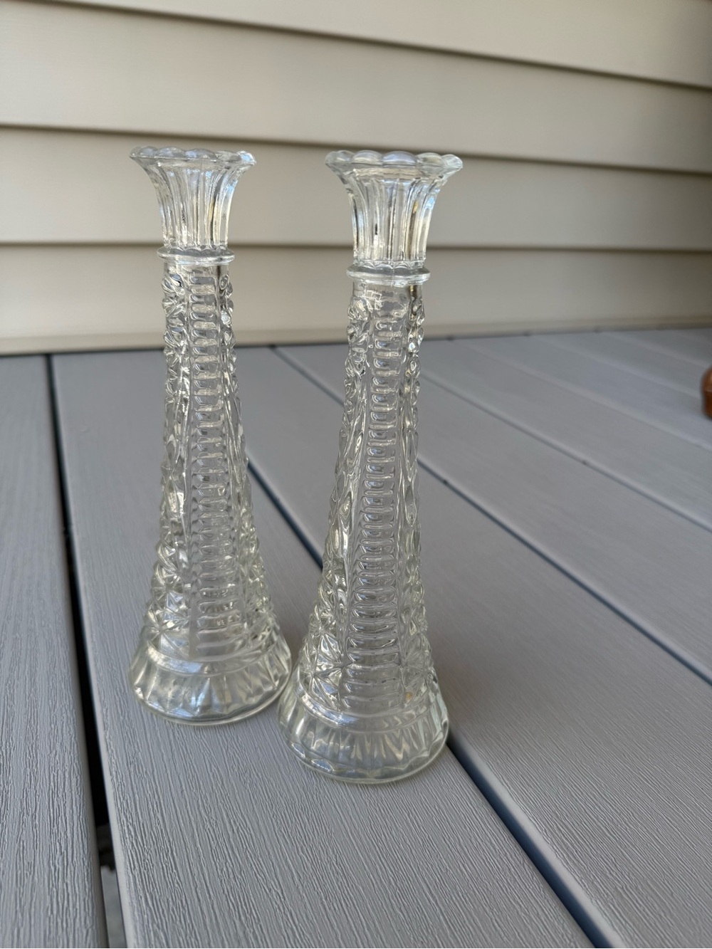 Vintage Anchor Hocking Stars & Bars Clear Glass Bud Vases Pair 8.5”